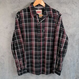 Levis Plaid Pearl Snap Button Down Shirt White Tab Logo Mens M Black Long Sleeve